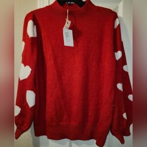 NWT Womens Sz S/M Andthewhy True Romance Red Sweater with White Hearts on Sleeve